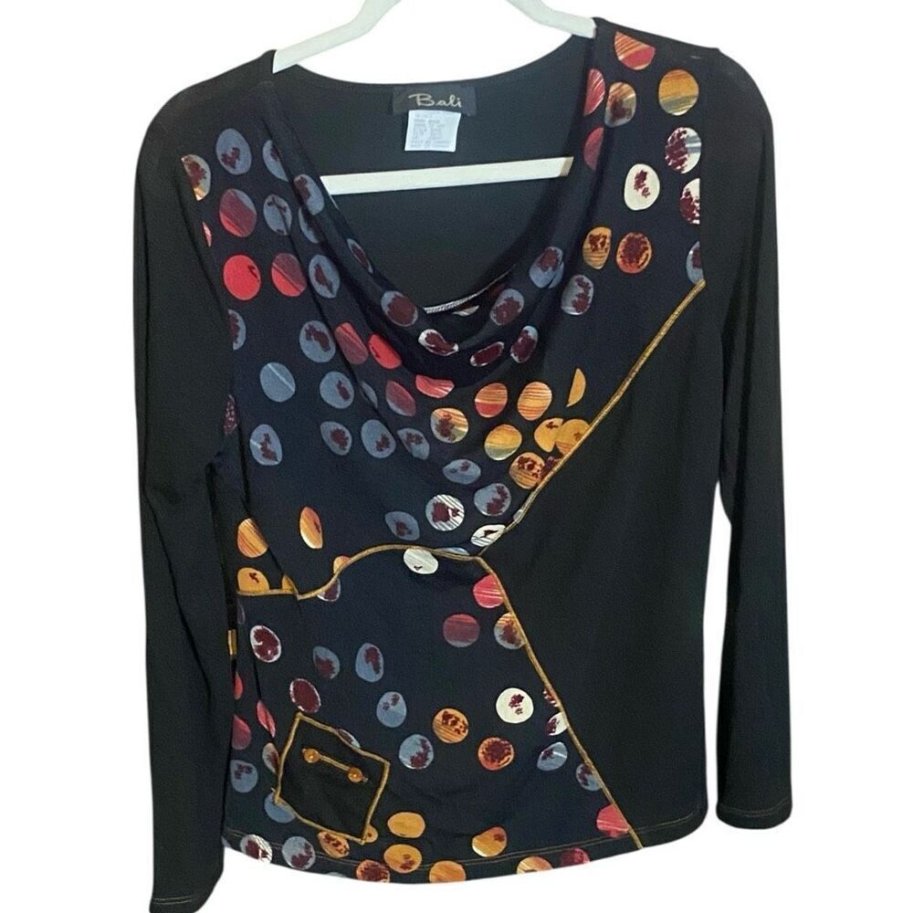 Bali Black Multicolor Dot Print Asymmetrical Cowl Neck Long Sleeve Top XL Blouse